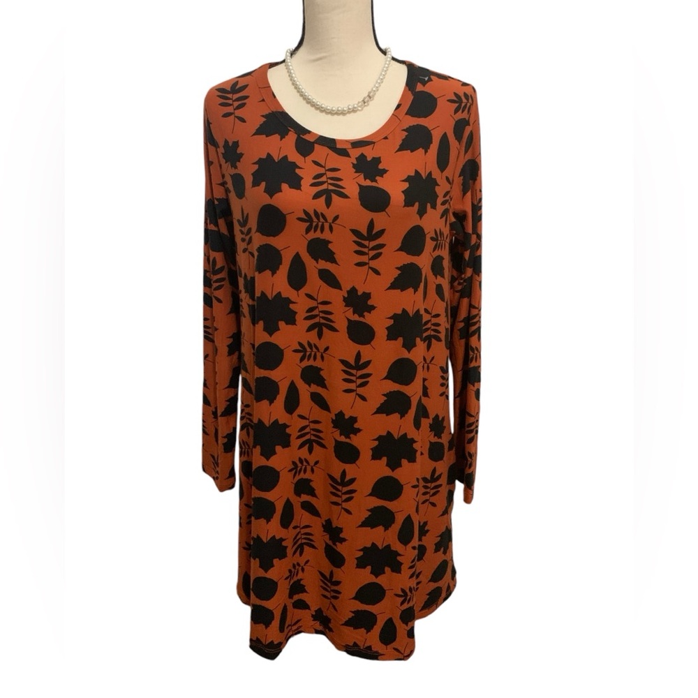 NWT rust black leaf design cotton stretch dress sz M